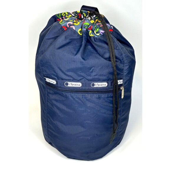 LeSportSac Sling Bucket Crossbody Bag Drawstring Top Reversible Hearts Navy EUC - Picture 11 of 16